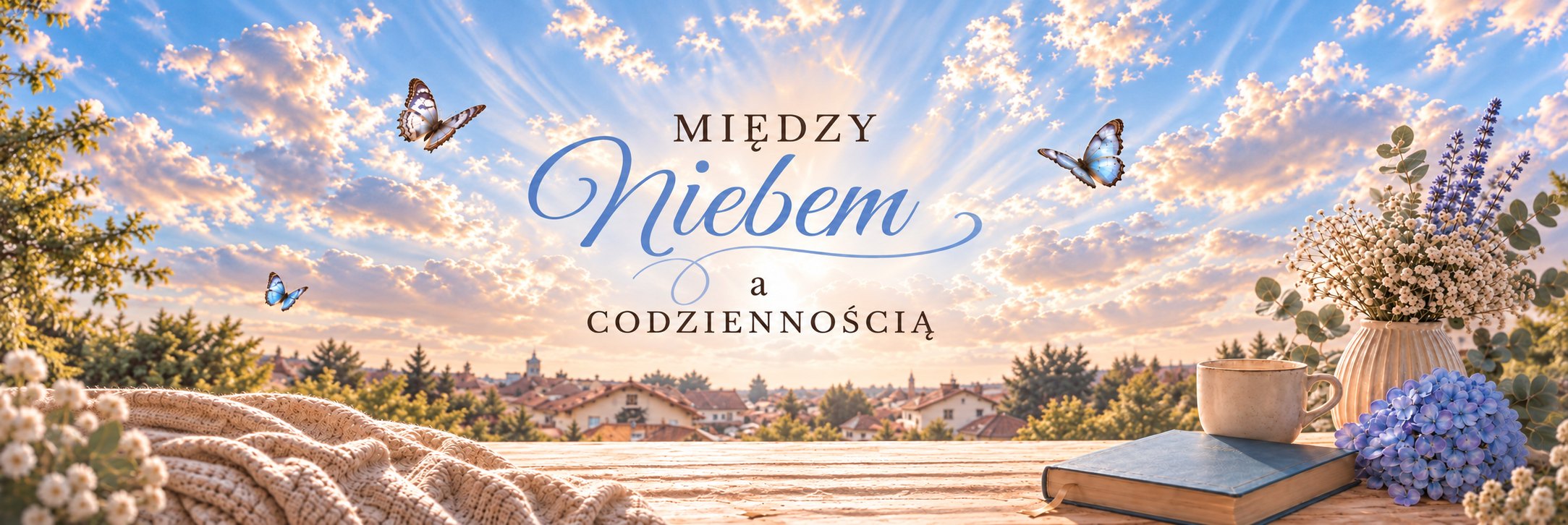Hasło konferencji „Między Niebem a codziennością” na tle nieba o wschodzie słońca, z motylami, kocem, kubkiem i Biblią.